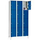 Vakkenkast 300 mm, 3 afdelingen, 12 vakken, veiligheidscilinderslot, poot, gentiaanblauw