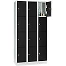 Vakkenkast 300 mm, 3 afdelingen, 12 vakken, veiligheidscilinderslot, sokkel, diepzwart