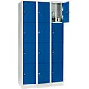 Vakkenkast 300 mm, 3 afdelingen, 12 vakken, veiligheidscilinderslot, sokkel, gentiaanblauw