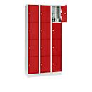 Vakkenkast 300 mm, 3 afdelingen, 12 vakken, veiligheidscilinderslot, sokkel, vuurrood