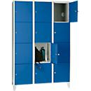 Vakkenkast 400 mm, 3 afdelingen, 12 vakken, veiligheidscilinderslot, poot, gentiaanblauw