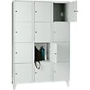 Vakkenkast 400 mm, 3 afdelingen, 12 vakken, veiligheidscilinderslot, poot, lichtgrijs