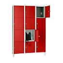 Vakkenkast 400 mm, 3 afdelingen, 12 vakken, veiligheidscilinderslot, poot, vuurrood