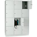 Vakkenkast 400 mm, 3 afdelingen, 12 vakken, veiligheidscilinderslot, sokkel, lichtgrijs