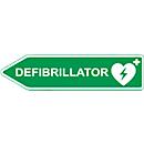 Verkeersbord defibrillator AED-locatie, pijlvorm, naar links wijzend, lichtdoorlatend, weerbestendig, Dibond-print, L 600 x H 150 mm, groen-wit