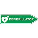 Verkeersbord defibrillator AED locatie, pijlvorm, wijst naar rechts, fotoluminescent, weerbestendig, Dibond print, L 600 x H 150 mm, groen-wit