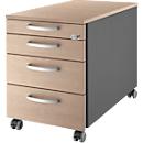 Verrijdbaar ladeblok 1233 - 4 laden – afsluitbaar - B 435 x D 765 x H 577 mm - eiken en antraciet – ons merk Schäfer Shop Select