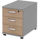 Verrijdbaar ladeblok BARI, materiaalbak, 3 schuifladen, afsluitbaar, B 427 x D 600 x H 544 mm, middengrijs/eik/aluminium