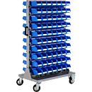 Verrijdbaar magazijn voor kleine onderdelen, aan 2 zijden stapelbaar, incl. 140 blauwe magazijnbakken met open voorzijde LF 211, B 825 x D 550 x H 1450 mm, staal, grijs