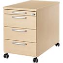 Verrijdbaar onderstel 1333, 3 laden en 1materiaallade, afsluitbaar, ronde grepen, hout/staal/kunststof, B 434 x D 800 x H 613 mm, ahorn decor
