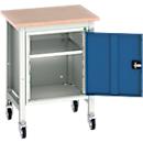 Verrijdbare werkbank Bott verso, Multiplex legbord, 1 deur &amp; 1 legbord, wielen, B 700 x D 600 x H 930 mm, RAL 7035 lichtgrijs / gentiaanblauw