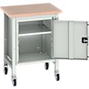 Verrijdbare werkbank Bott verso, multiplexplaat, 1 deur &amp; 1 legbord, wielen, B 700 x D 600 x H 930 mm, RAL 7035 lichtgrijs
