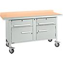 Verrijdbare werkbank Schäfer Shop Select PWi 150-0, beuken multiplex blad, met stalen rand, tot 400 kg, B 1500 x D 700 x H 840 mm