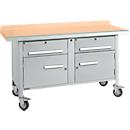 Verrijdbare werkbank Schäfer Shop Select PWi 150-0, beuken multiplex blad, met stalen rand, tot 400 kg, B 1500 x D 700 x H 840 mm