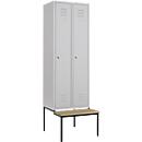 Vestiaire, 2 compartiments, 300 mm, serrure à came batteuse, avec banc, porte gris clair