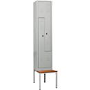 Vestiaire, 2 compartiments, avec banc, 2 compartiments, avec portes en Z, serrure à came batteuse, gris clair/gris clair