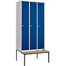 Vestiaire, 3 compartiments, 300 mm, serrure à came batteuse, avec banc, porte bleu gentiane