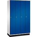 Vestiaire C+P Cambio, 4 compartiments, avec socle, L 1200 x P 525 x H 1980 mm, gris clair/bleu gentiane