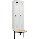Vestiaire C+P Evolo Plus, 2 compartiments de 300 mm de large, banquette flottante, L 600 x P 815 x H 2120 mm, loquet rotatif, gris clair/gris clair