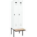 Vestiaire C+P Evolo Plus, 2 compartiments de 300 mm de large, banquette flottante, L 600 x P 815 x H 2120 mm, verrou tournant, blanc signalisation/blanc trafic