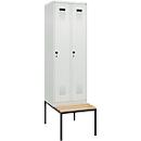 Vestiaire C+P Evolo Plus, 2 compartiments de 300 mm de large chacun, banquette sous le meuble, L 600 x P 815 x H 2120 mm, loquet rotatif, gris clair/gris clair