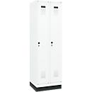 Vestiaire C+P Evolo Plus, 2 compartiments, largeur de compartiment 300 mm, avec socle, butée à droite, verrou rotatif de sécurité, butée Soft, anti-effraction, L 600 x P 500 x H 1950 mm, blanc trafic RAL 9016/blanc trafic RAL 9016