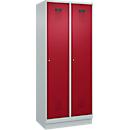 Vestiaire C+P Evolo Plus, 2 compartiments, largeur de compartiment 400 mm, avec socle, charnières à droite, L 800 x P 500 x H 1950 mm, cylindre, gris clair/rouge rubis
