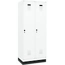 Vestiaire C+P Evolo Plus, 2 compartiments, largeur de compartiment 400 mm, avec socle, charnières à droite, L 800 x P 500 x H 1950 mm, verrou tournant, blanc signalisation/blanc trafic
