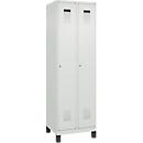 Vestiaire C+P Evolo Plus, 2 compartiments, largeur des compartiments 300 mm, avec pieds, charnières à droite, serrure à cylindre, L 600 x P 500 x H 1950 mm, gris clair/gris clair