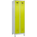 Vestiaire C+P Evolo Plus, 2 compartiments, largeur des compartiments 300 mm, avec pieds, charnières à droite, serrure à cylindre, L 600 x P 500 x H 1950 mm, gris clair/vert clown