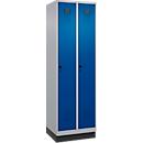 Vestiaire C+P Evolo Plus, 2 compartiments, largeur des compartiments 300 mm, avec socle, butée à droite, verrou rotatif de sécurité, butée Soft, anti-effraction, L 600 x P 500 x H 1950 mm, aluminium blanc RAL 9006/bleu enzyme RAL 5010