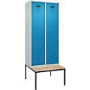 Vestiaire C+P Evolo Plus, 2 compartiments, largeur des compartiments 400 mm, avec banc encastré, L 800 x P 815 x H 2120 mm, cylindre, gris clair/bleu clair