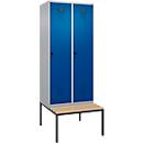 Vestiaire C+P Evolo Plus, 2 compartiments, largeur des compartiments 400 mm, avec banc encastré, L 800 x P 815 x H 2120 mm, verrou rotatif, aluminium blanc/bleu enzyme