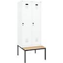 Vestiaire C+P Evolo Plus, 2 compartiments, largeur des compartiments 400 mm, avec banc encastré, L 800 x P 815 x H 2120 mm, verrou rotatif, blanc signalisation/blanc trafic