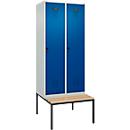 Vestiaire C+P Evolo Plus, 2 compartiments, largeur des compartiments 400 mm, avec banc encastré, L 800 x P 815 x H 2120 mm, verrou rotatif, gris clair/bleu gentiane