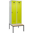 Vestiaire C+P Evolo Plus, 2 compartiments, largeur des compartiments 400 mm, avec banc encastré, L 800 x P 815 x H 2120 mm, verrou rotatif, gris clair/vert clown