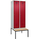 Vestiaire C+P Evolo Plus, 2 compartiments, largeur des compartiments 400 mm, avec banquette encastrée, L 800 x P 815 x H 2120 mm, cylindre, gris clair/rouge rubis