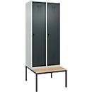 Vestiaire C+P Evolo Plus, 2 compartiments, largeur des compartiments 400 mm, avec banquette encastrée, L 800 x P 815 x H 2120 mm, loquet rotatif, gris clair/gris anthracite
