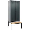 Vestiaire C+P Evolo Plus, 2 compartiments, largeur des compartiments 400 mm, avec banquette encastrée, L 800 x P 815 x H 2120 mm, verrou rotatif, blanc aluminium/gris anthracite
