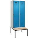 Vestiaire C+P Evolo Plus, 2 compartiments, largeur des compartiments 400 mm, avec banquette encastrée, L 800 x P 815 x H 2120 mm, verrou rotatif, gris clair/bleu clair