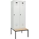 Vestiaire C+P Evolo Plus, 2 compartiments, largeur des compartiments 400 mm, avec banquette encastrée, L 800 x P 815 x H 2120 mm, verrou rotatif, gris clair/gris clair
