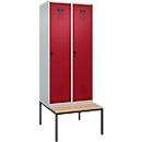 Vestiaire C+P Evolo Plus, 2 compartiments, largeur des compartiments 400 mm, avec banquette encastrée, L 800 x P 815 x H 2120 mm, verrou rotatif, gris clair/rouge rubis