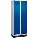 Vestiaire C+P Evolo Plus, 2 compartiments, largeur des compartiments 400 mm, avec socle, charnières à droite, L 800 x P 500 x H 1950 mm, verrou tournant, aluminium blanc/bleu enzyme