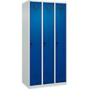 Vestiaire C+P Evolo Plus, 3 compartiments, charnières à droite, verrou rotatif de sécurité, L 900 x P 500 x H 1850 mm, gris clair/bleu gentiane