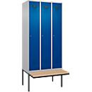 Vestiaire C+P Evolo Plus, 3 compartiments de 300 mm de large, banquette flottante, L 900 x P 815 x H 2120 mm, cylindre, aluminium blanc/bleu gentiane