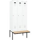 Vestiaire C+P Evolo Plus, 3 compartiments de 300 mm de large, banquette flottante, L 900 x P 815 x H 2120 mm, cylindre, blanc signalisation/blanc trafic
