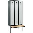 Vestiaire C+P Evolo Plus, 3 compartiments de 300 mm de large, banquette flottante, L 900 x P 815 x H 2120 mm, cylindre, gris anthracite/gris clair