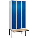 Vestiaire C+P Evolo Plus, 3 compartiments de 300 mm de large, banquette flottante, L 900 x P 815 x H 2120 mm, cylindre, gris clair/bleu gentiane
