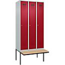 Vestiaire C+P Evolo Plus, 3 compartiments de 300 mm de large, banquette flottante, L 900 x P 815 x H 2120 mm, cylindre, gris clair/rouge rubis