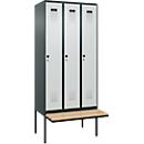 Vestiaire C+P Evolo Plus, 3 compartiments de 300 mm de large, banquette flottante, L 900 x P 815 x H 2120 mm, loquet rotatif, anthracite/gris clair